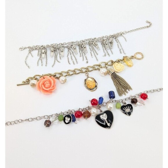 Set of 3 Charm Bracelet Zip Motif Heart Faux Pearl Flower Beads Retro Y2K Whimsy - Picture 2 of 12